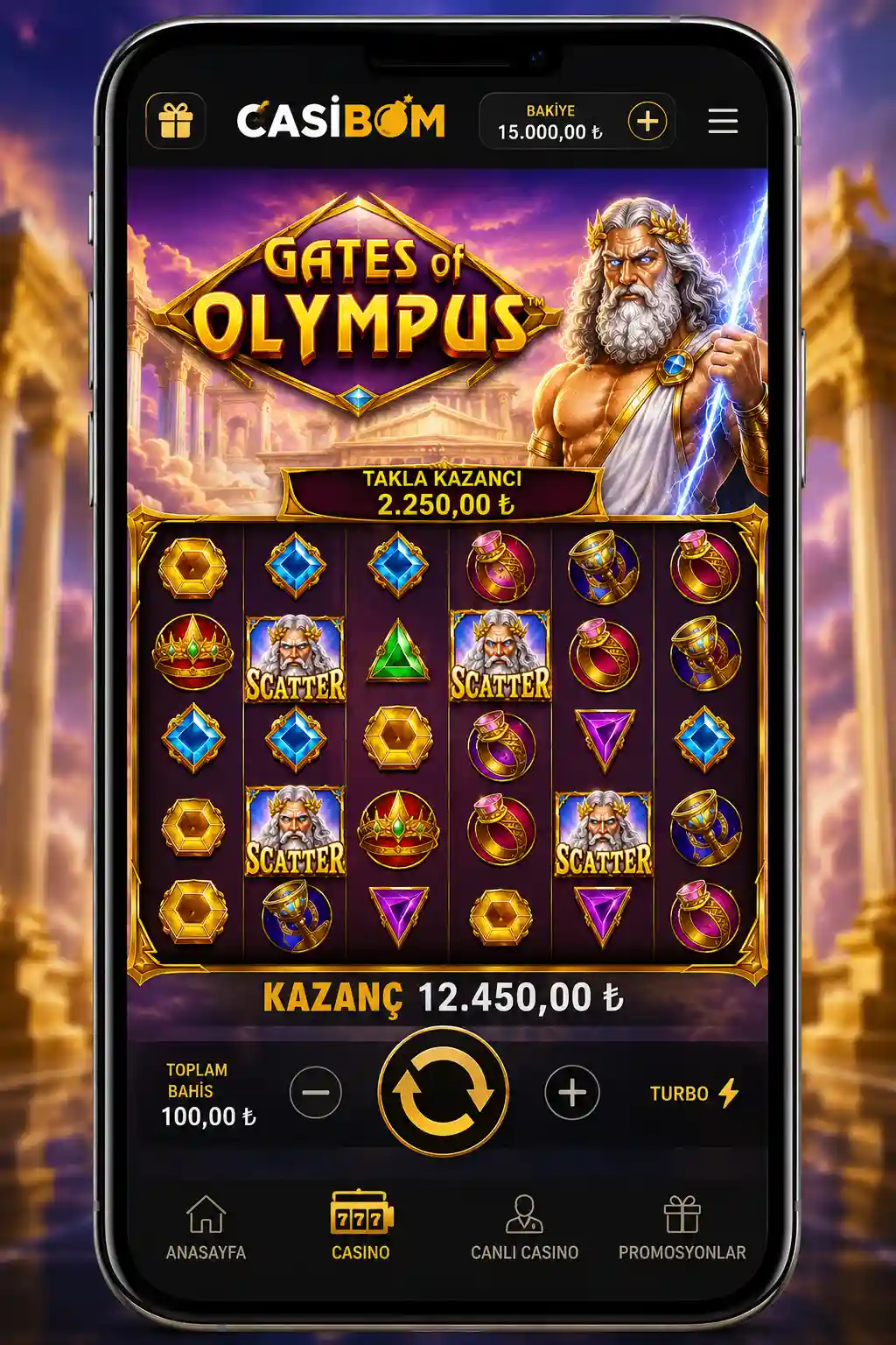 Casibom Gates of Olympus mobil Android ve iPhone görünümü