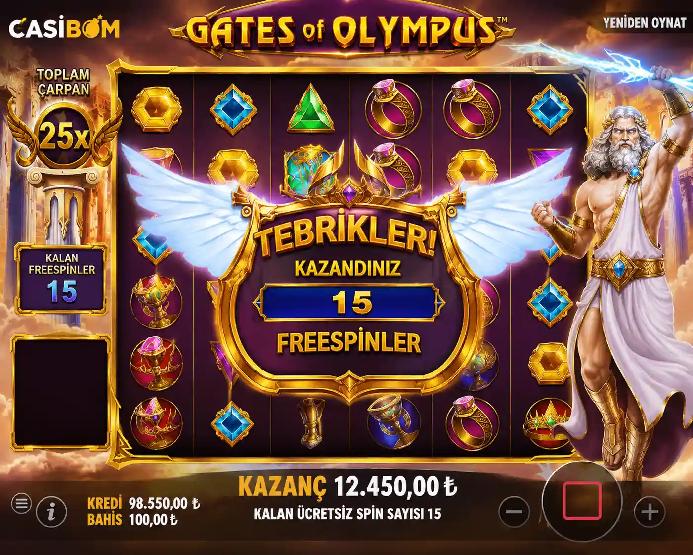 Gates of Olympus Free Spins ve çarpan ekranı